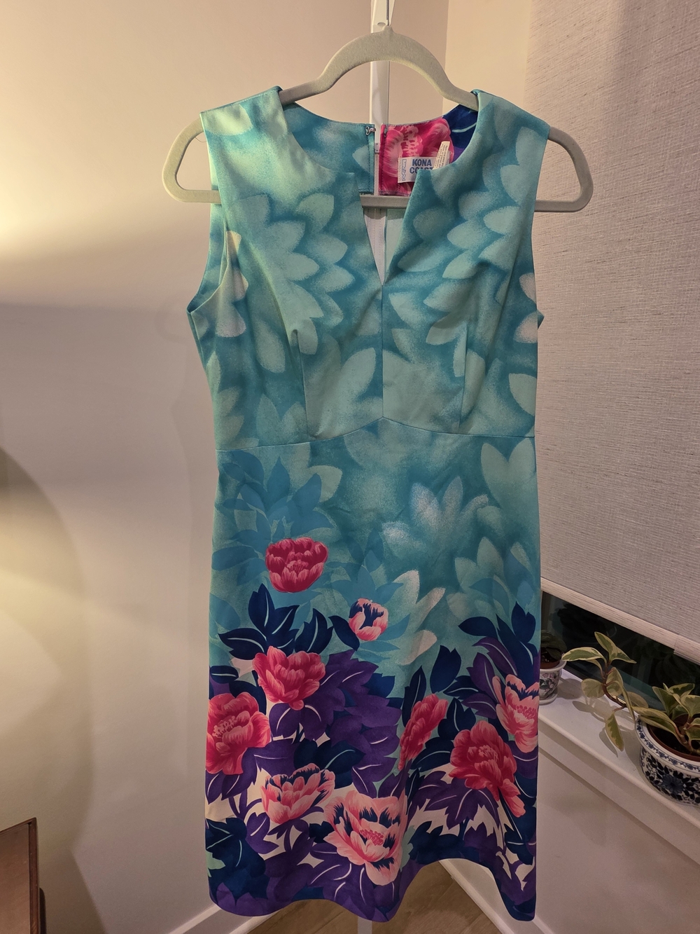 VTG Hawaiian Sleeveless Aqua Floral Sheath Dress Size L - Picture 3 of 16